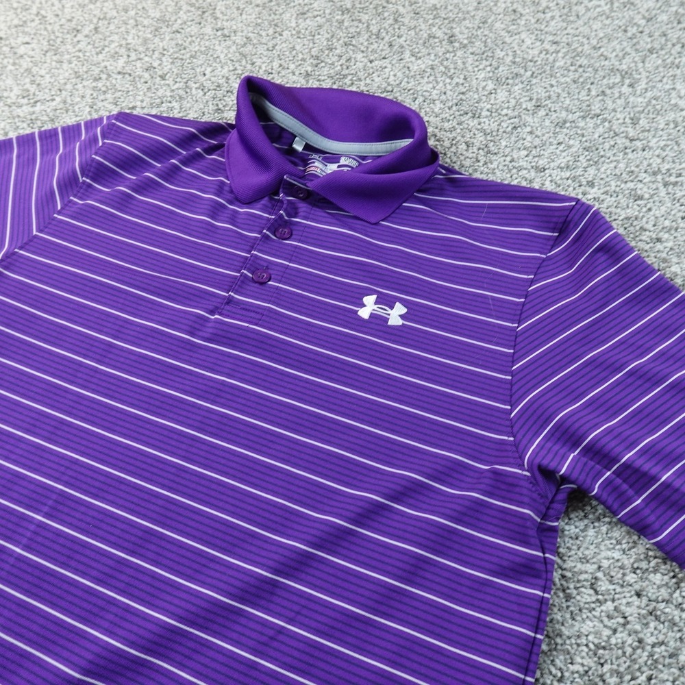 Under Armour Polo Shirt Mens S Purple Stripe HeatGear Golf Performance Stretch
